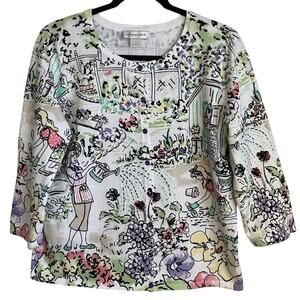 Christopher & Banks Novelty Cardigan Sz L Cotton Garden Embellished Cottagecore